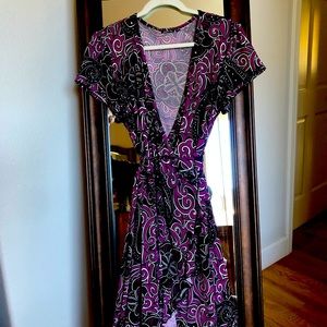 Purple and black wrap front dress